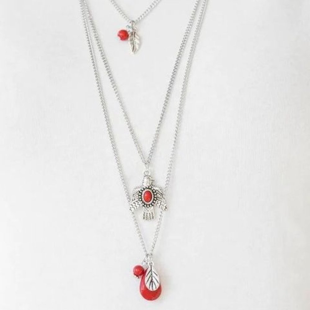 Necklace, Red Beads, Charms, Silver Chain
